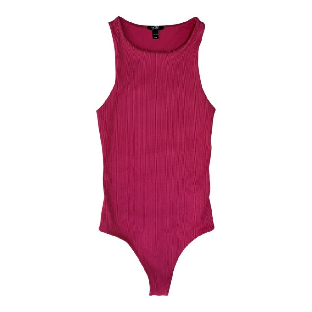 Express Body Contour Sleeveless Bodysuit XXS Pink Ribbed High Neckline